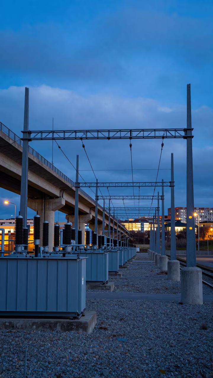 Transformer Yard Under Cable-Stayed Bridge in Twilight in under a cable-stayed bridge span near Aix-en-Provence
