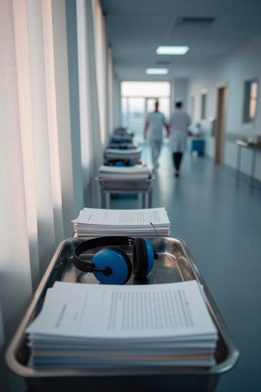 Translation Headset Sanitizer Tray Before Dawn in inside a hospital corridor in Djelfa