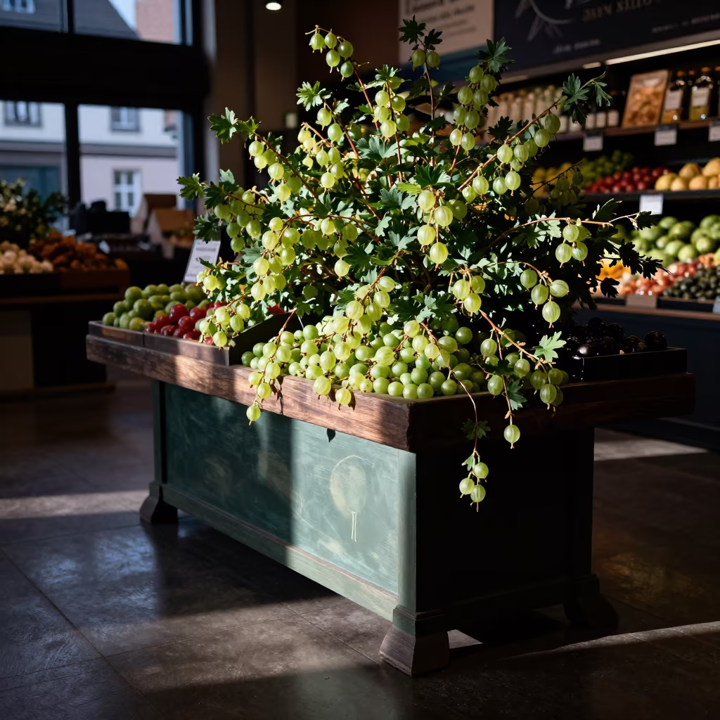 Translucent Gooseberries on Freiburg Market Table in on a painted produce display table in Freiburg