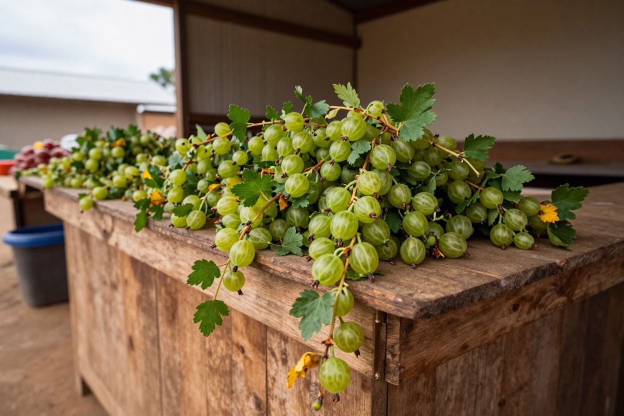 Translucent Gooseberry Bush Fruit Market Stall in at a market stall counter in Malanje