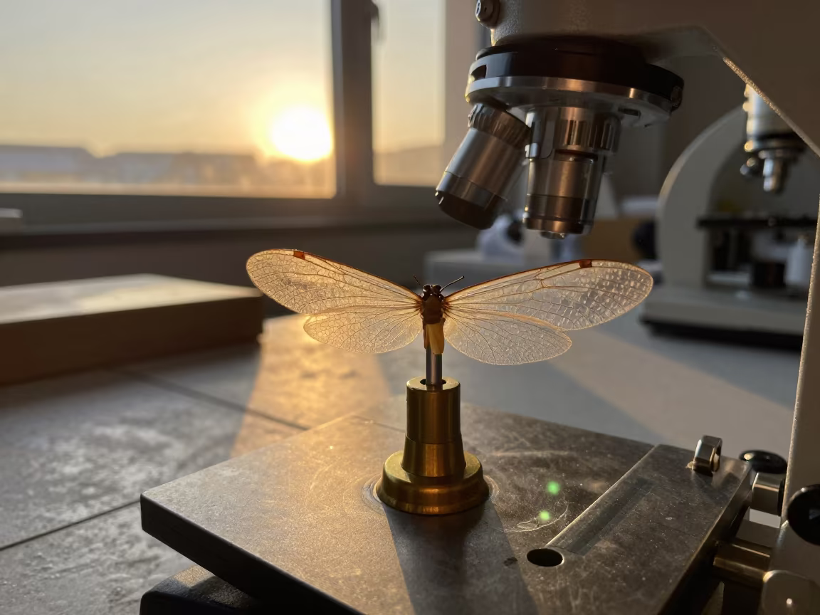 Translucent Insect Wings on Microscope Stage in in a fossil prep lab in Udupi