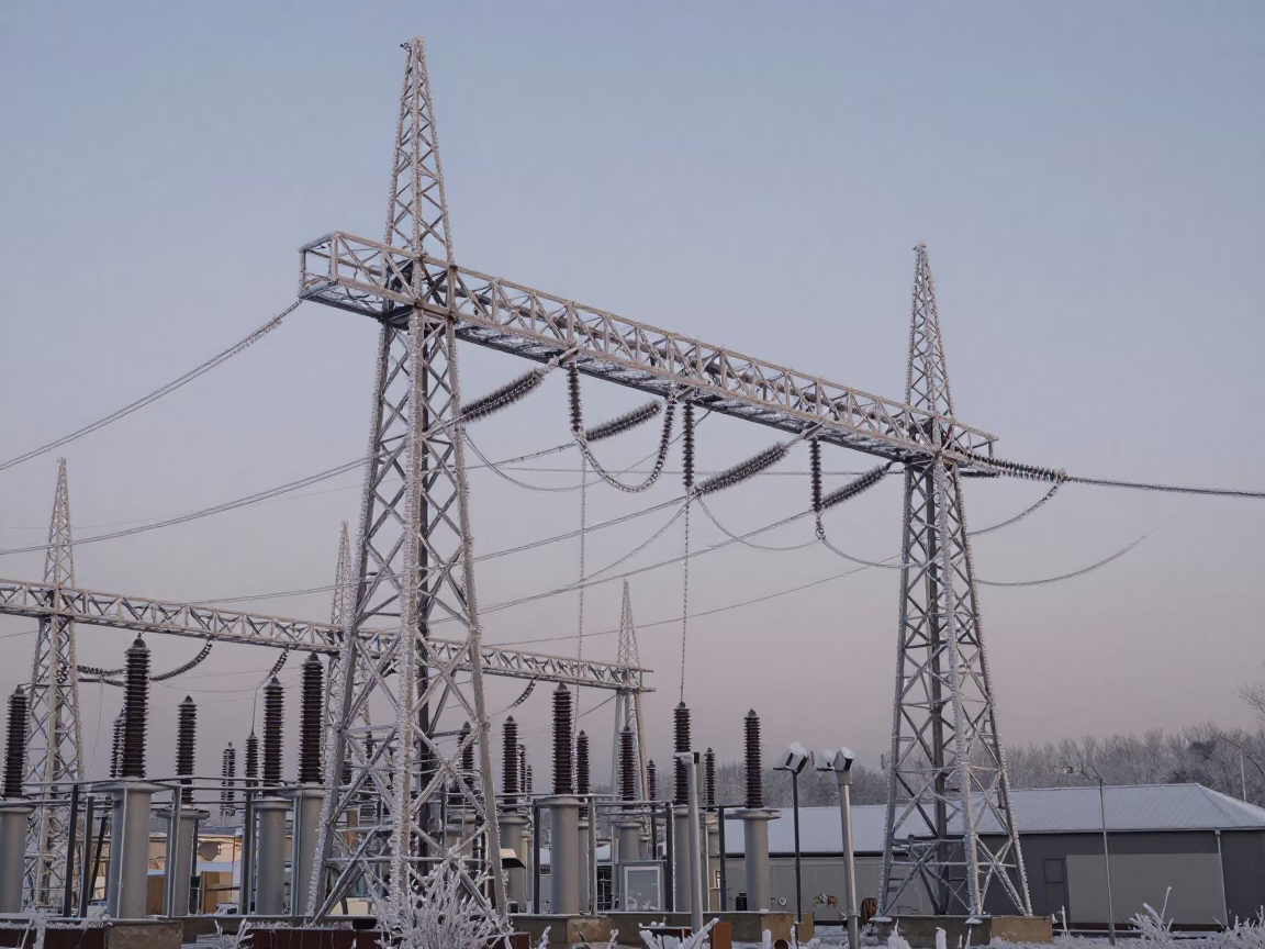 Transmission Substation Covered in Hoarfrost Before Sunrise in Seoul South Korea in in Seoul, South Korea