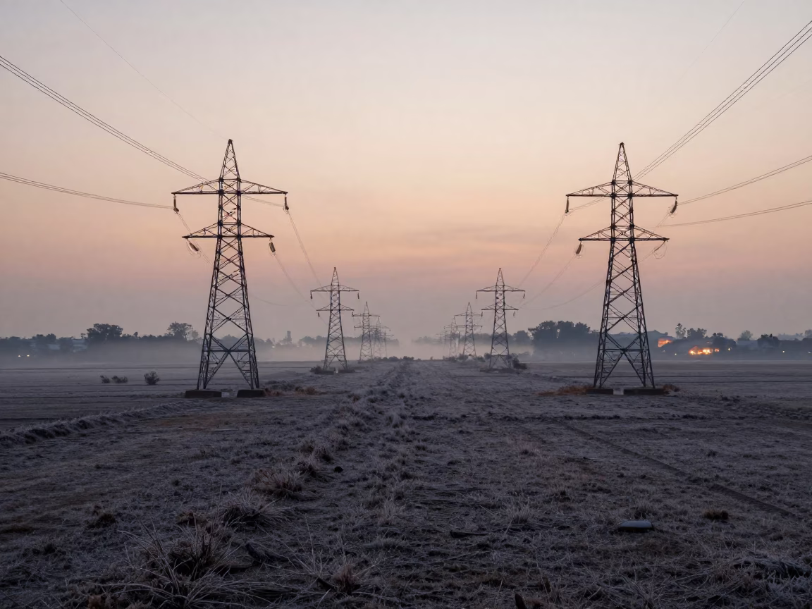 Transmission Towers Over Angola Pasture at Twilight in along a dam spillway in Angola