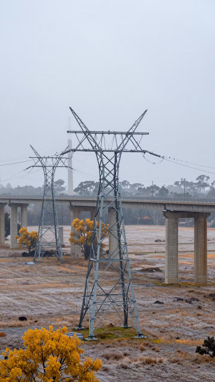 Transmission Towers in Autumn Rain Under Bridge in under a cable-stayed bridge span in South Australia