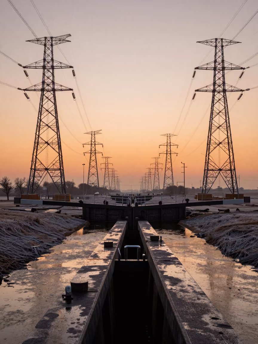 Transmission Towers Over Canal Lock in UAE Evening in at a canal lock chamber in United Arab Emirates