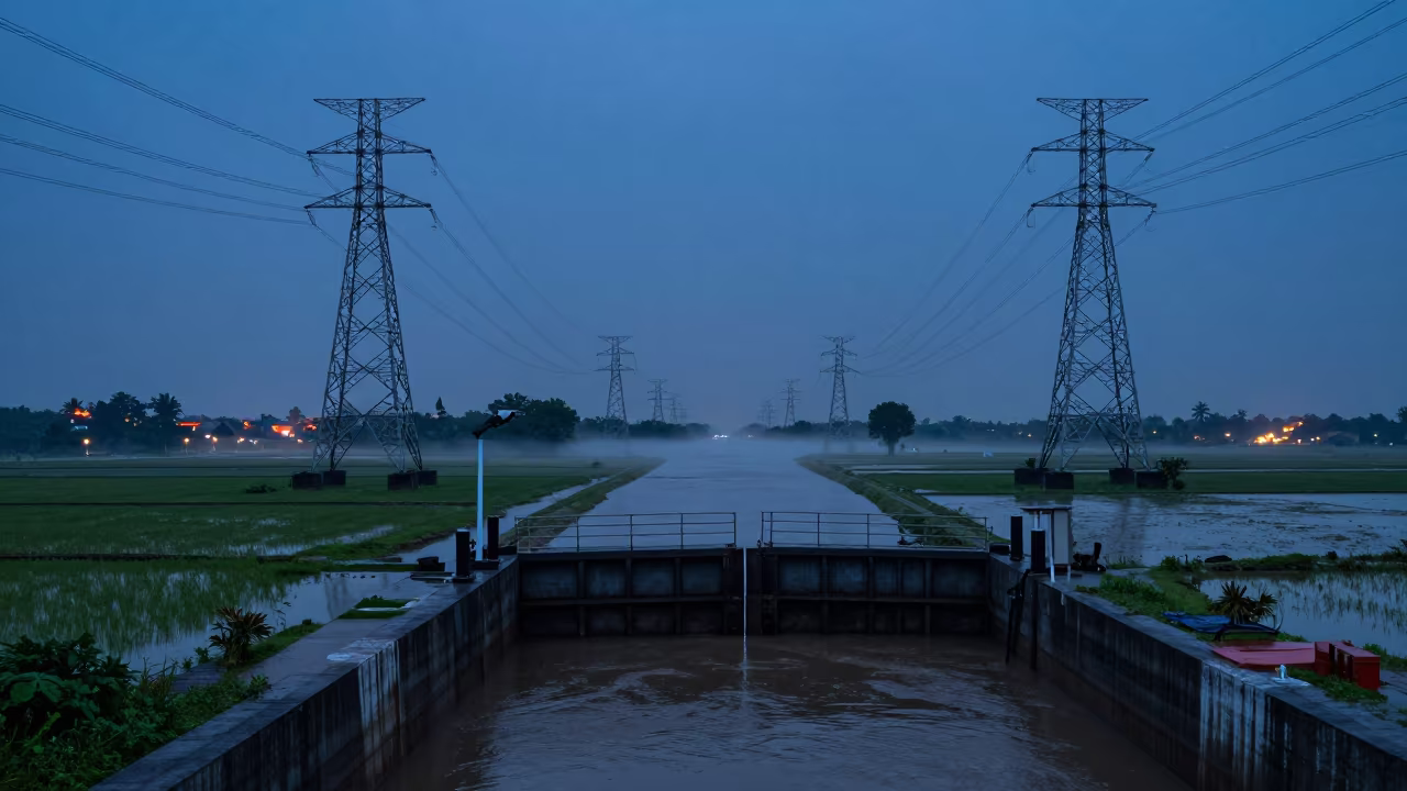 Transmission Towers Rising From Flooded Rice Fields in at a canal lock chamber in Kerala