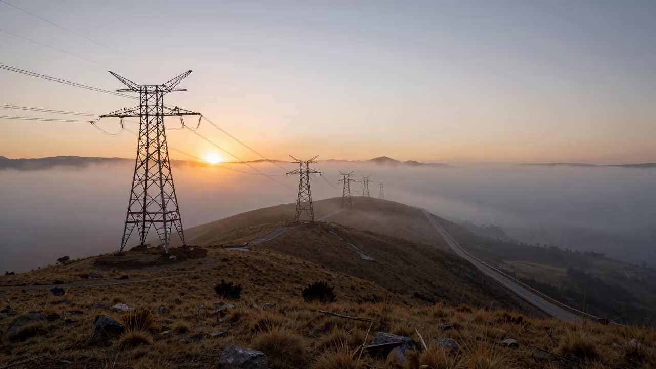 Transmission Towers on Foggy Ridge at Dawn in beside a storm surge barrier in Bolivia