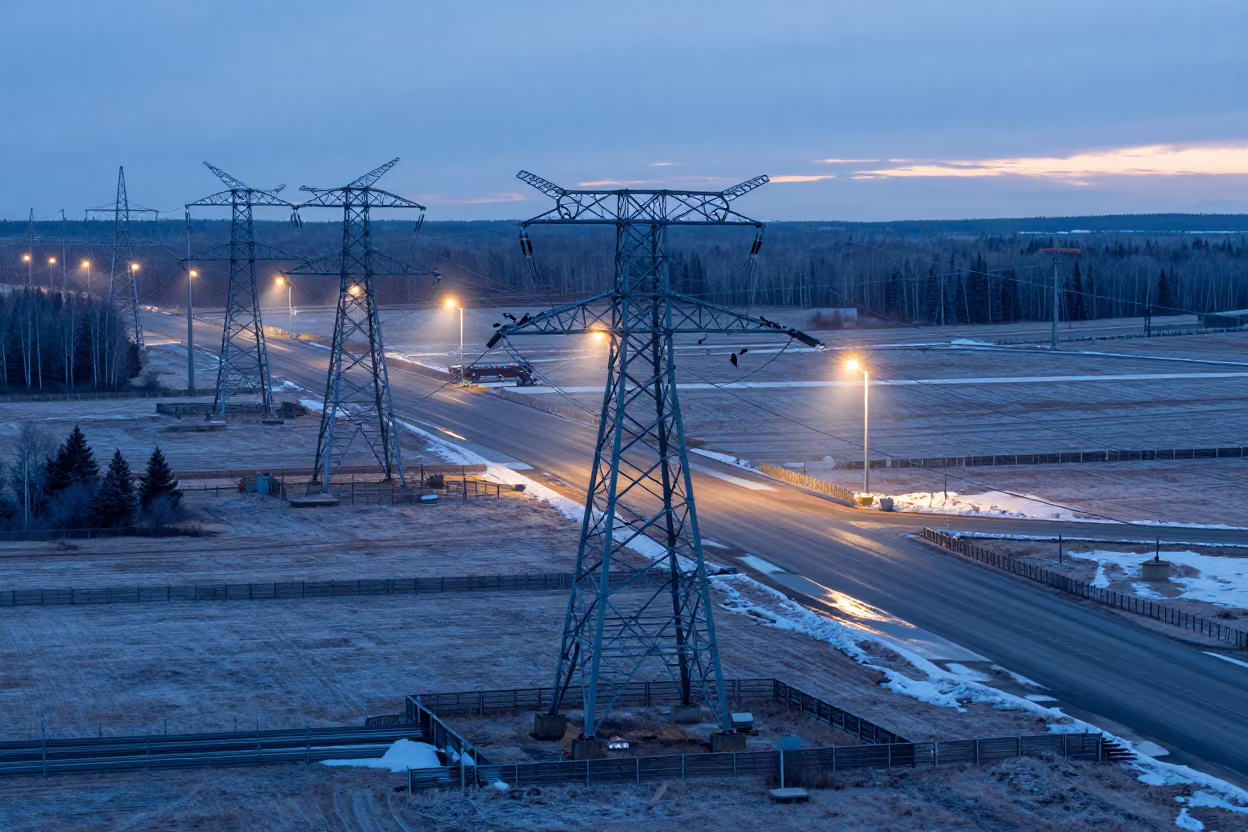Transmission Towers Over Frost Pasture Dusk in along a levee path above floodwater in Yellowknife