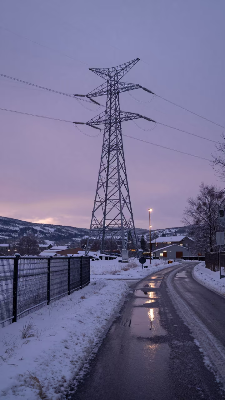 Transmission towers over frost pasture at Oslo twilight in beside a storm surge barrier in Oslo
