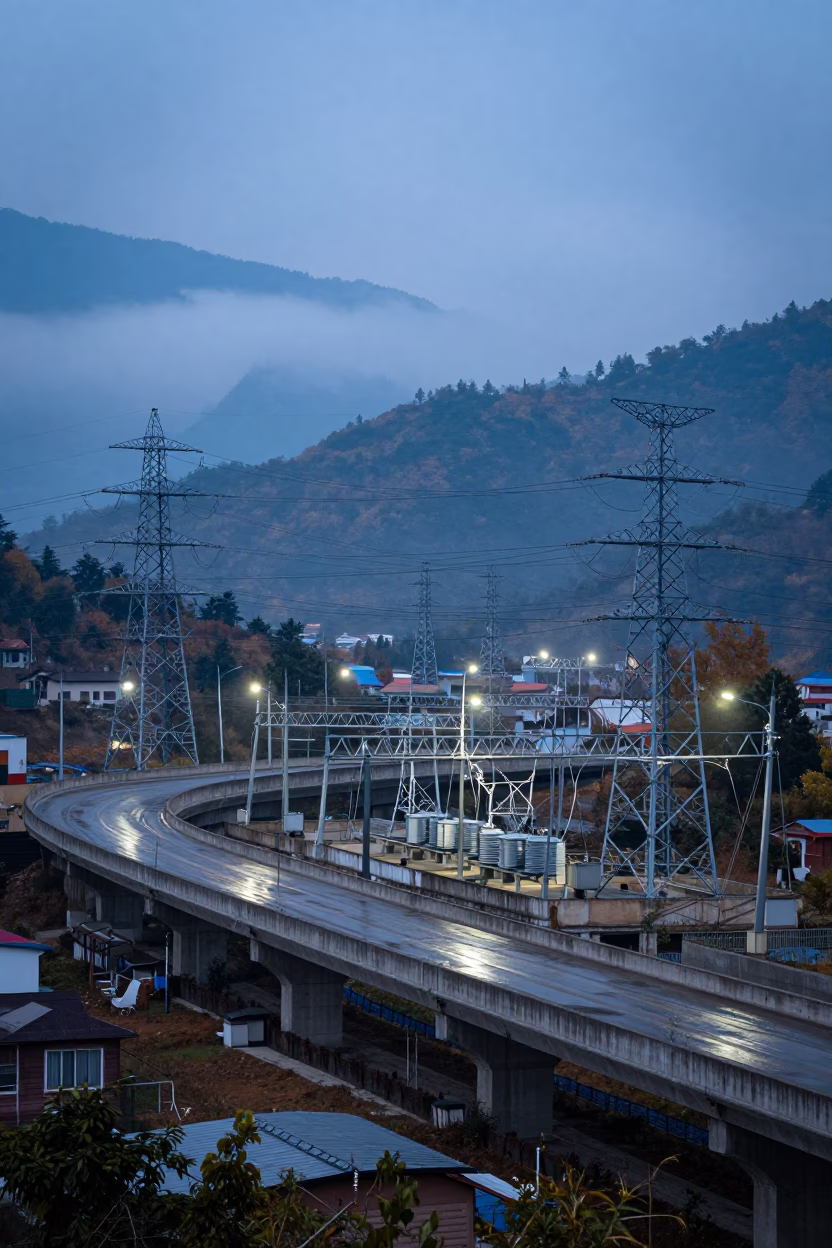 Transmission Towers on Himachal Overpass at Dusk in across a windy overpass interchange in Himachal Pradesh