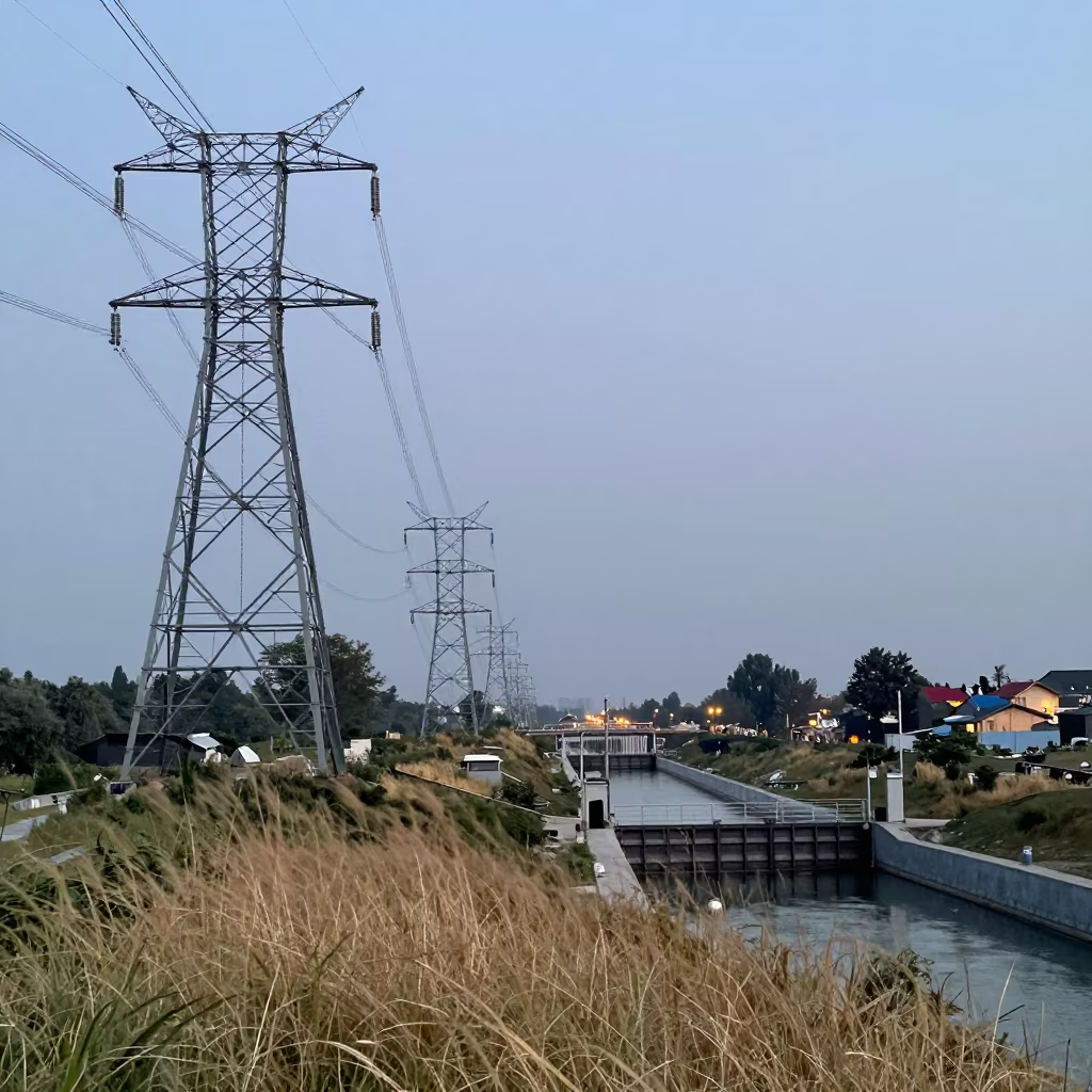 Transmission Towers Marching Over Kashmir Canal Lock in at a canal lock chamber in Kashmir