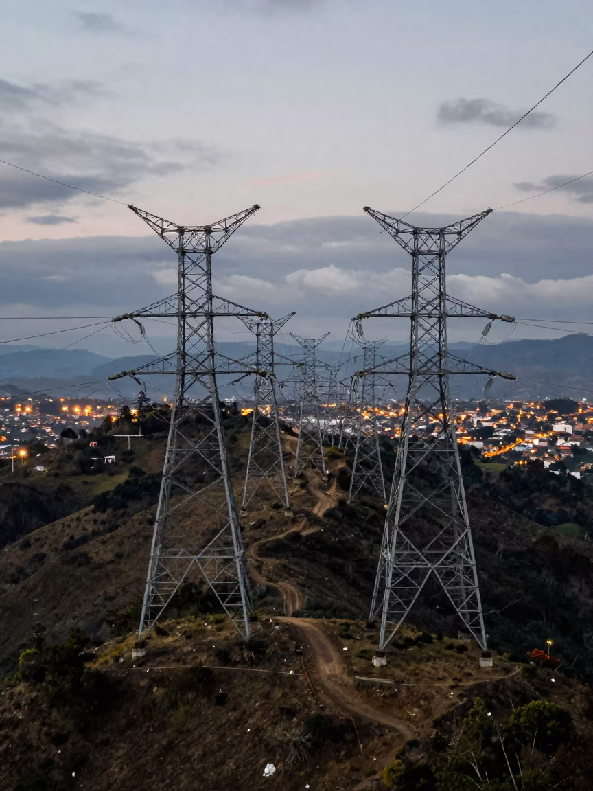 Transmission Towers Marching Over Windy Colombian Ridge in across a windy overpass interchange in Colombia