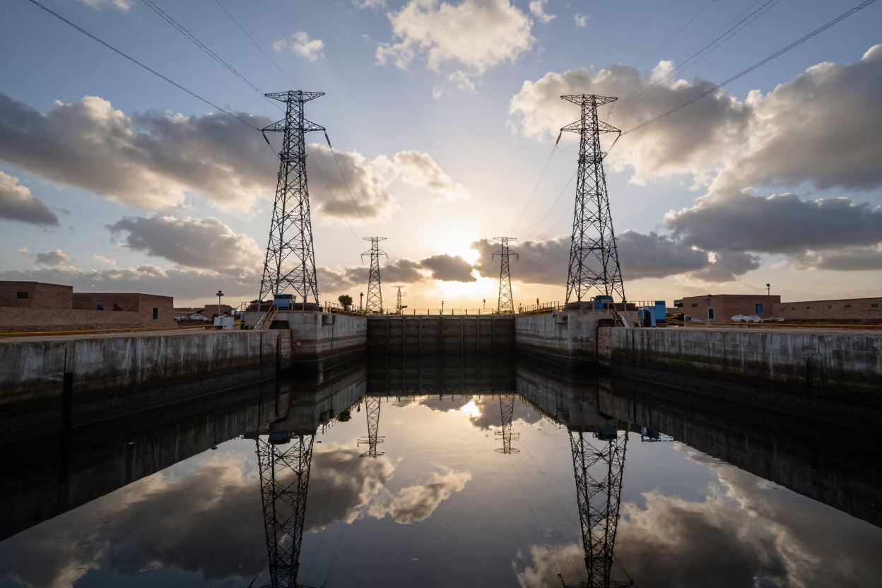 Transmission Towers Mirrored in Moor Pools in at a canal lock chamber in Morocco