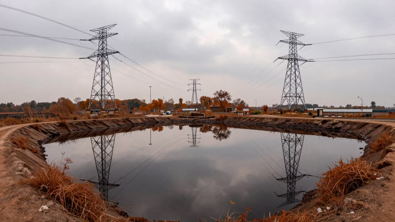 Transmission Towers Mirrored in Peat Pools Rangpur in beside a storm surge barrier near Rangpur