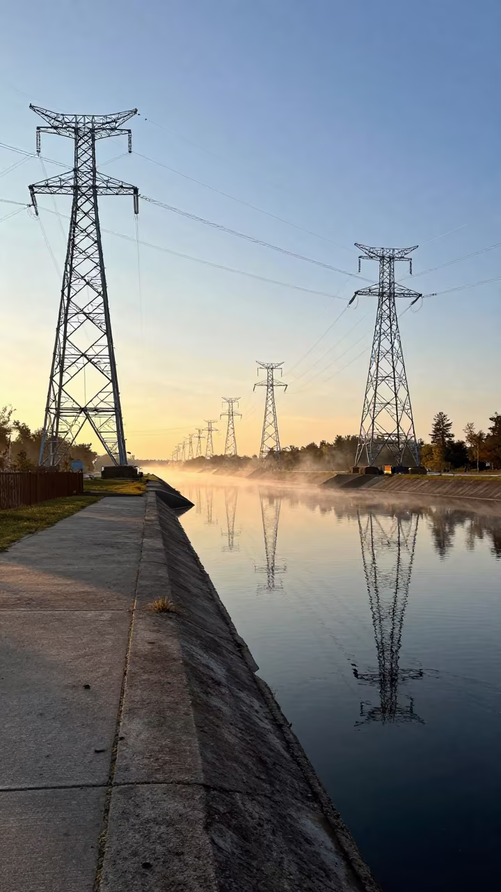 Transmission Towers Mirrored in Peat Pools in along a levee path above floodwater in St Petersburg