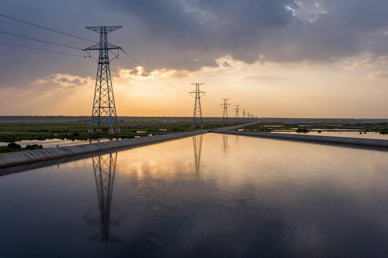 Transmission Towers Mirrored in Peat Pools at Sunset in along a dam spillway in Iran