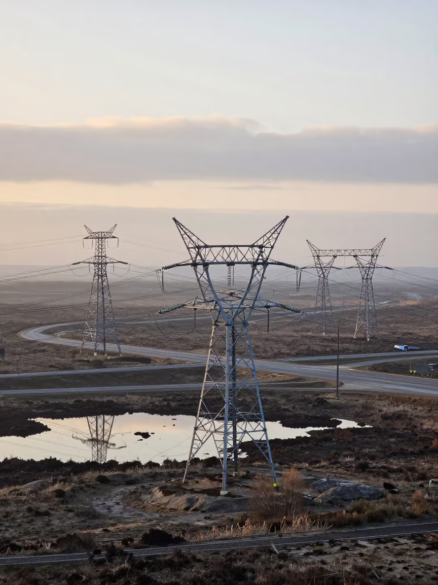 Transmission Towers Mirrored in Peat Pools in across a windy overpass interchange in Azerbaijan