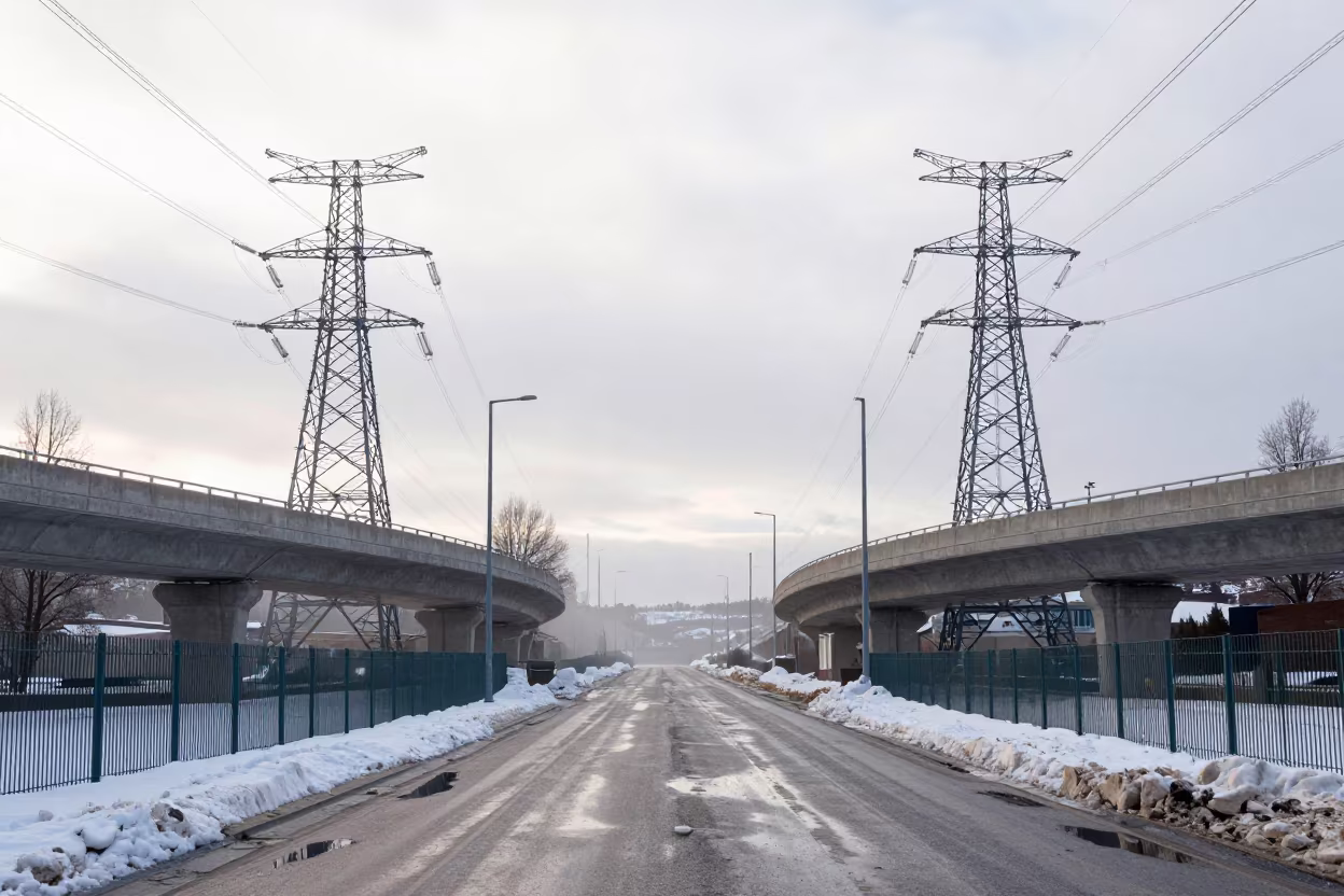 Transmission Towers Over Oslo Winter Road in across a windy overpass interchange near Oslo