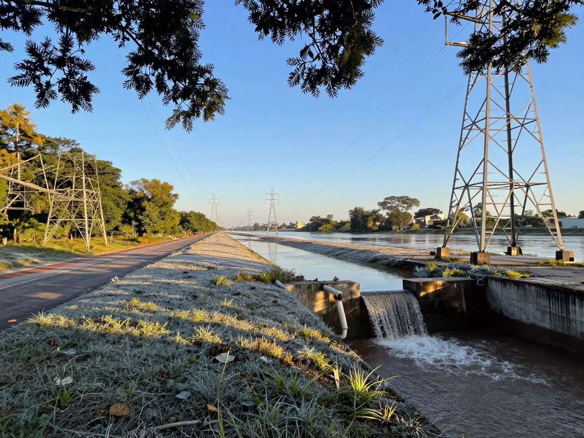 Transmission Towers Over Levee Waterfall in along a levee path above floodwater in São Paulo state