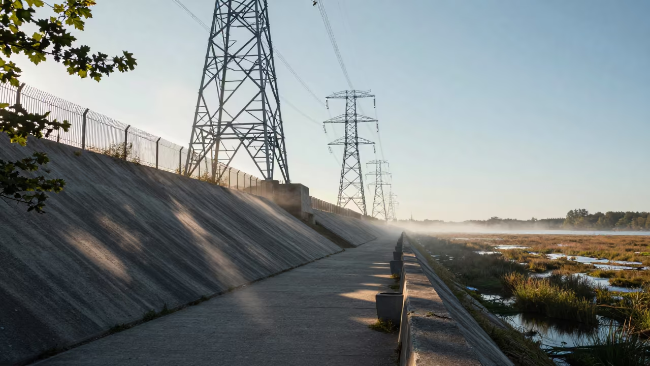 Transmission towers over snow fences in Ostermalm in along a levee path above floodwater in Ostermalm, Stockholm