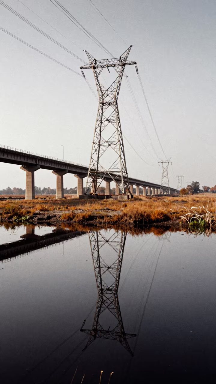 Transmission Towers Reflected in Peat Pools in under a cable-stayed bridge span in Sambhal