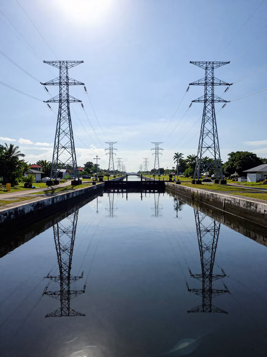 Transmission Towers Reflected in Peat Pools in at a canal lock chamber in Jamaica
