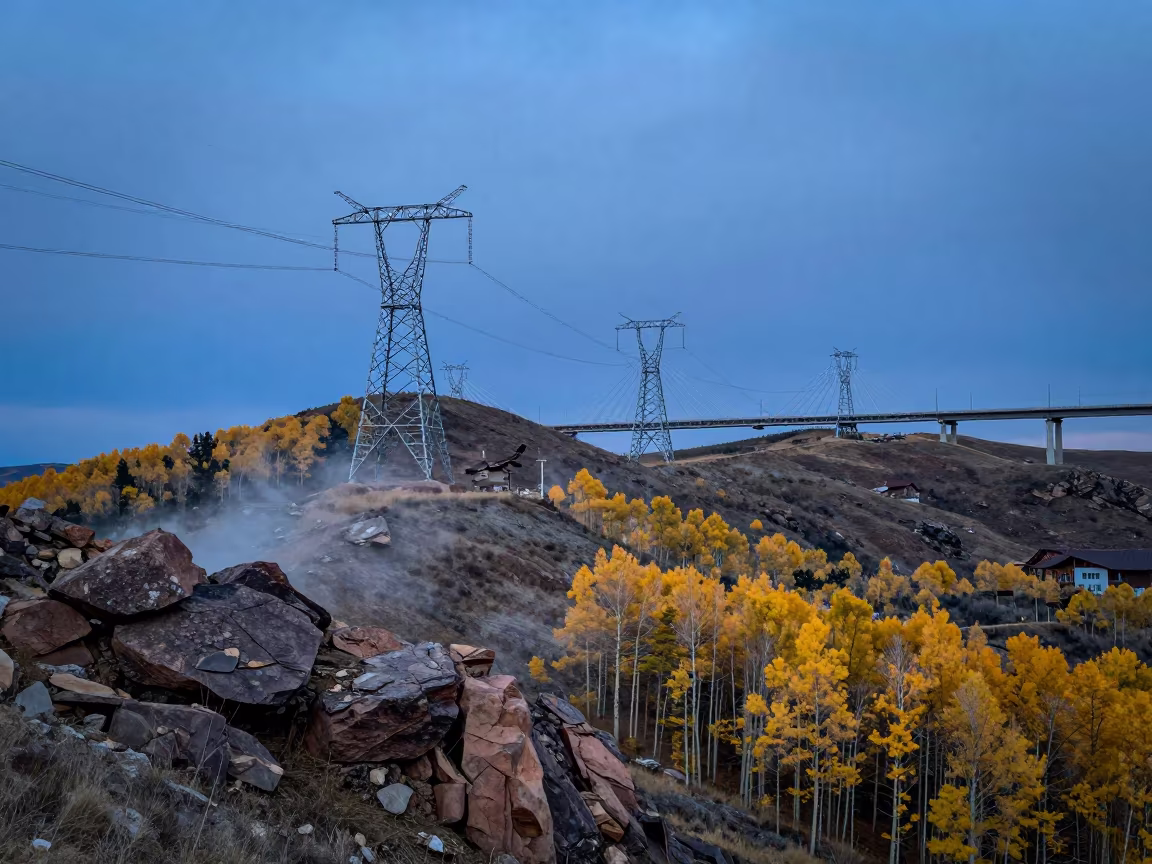Transmission Towers on Ridge at Autumn Twilight in under a cable-stayed bridge span in Colorado