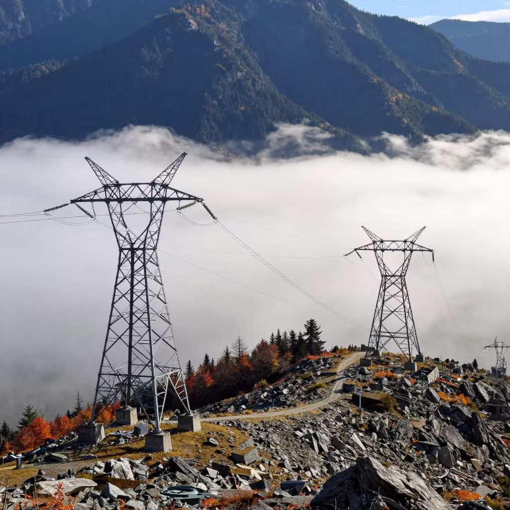 Transmission Towers on Ridge Amid Coastal Fog in beneath transmission towers in British Columbia