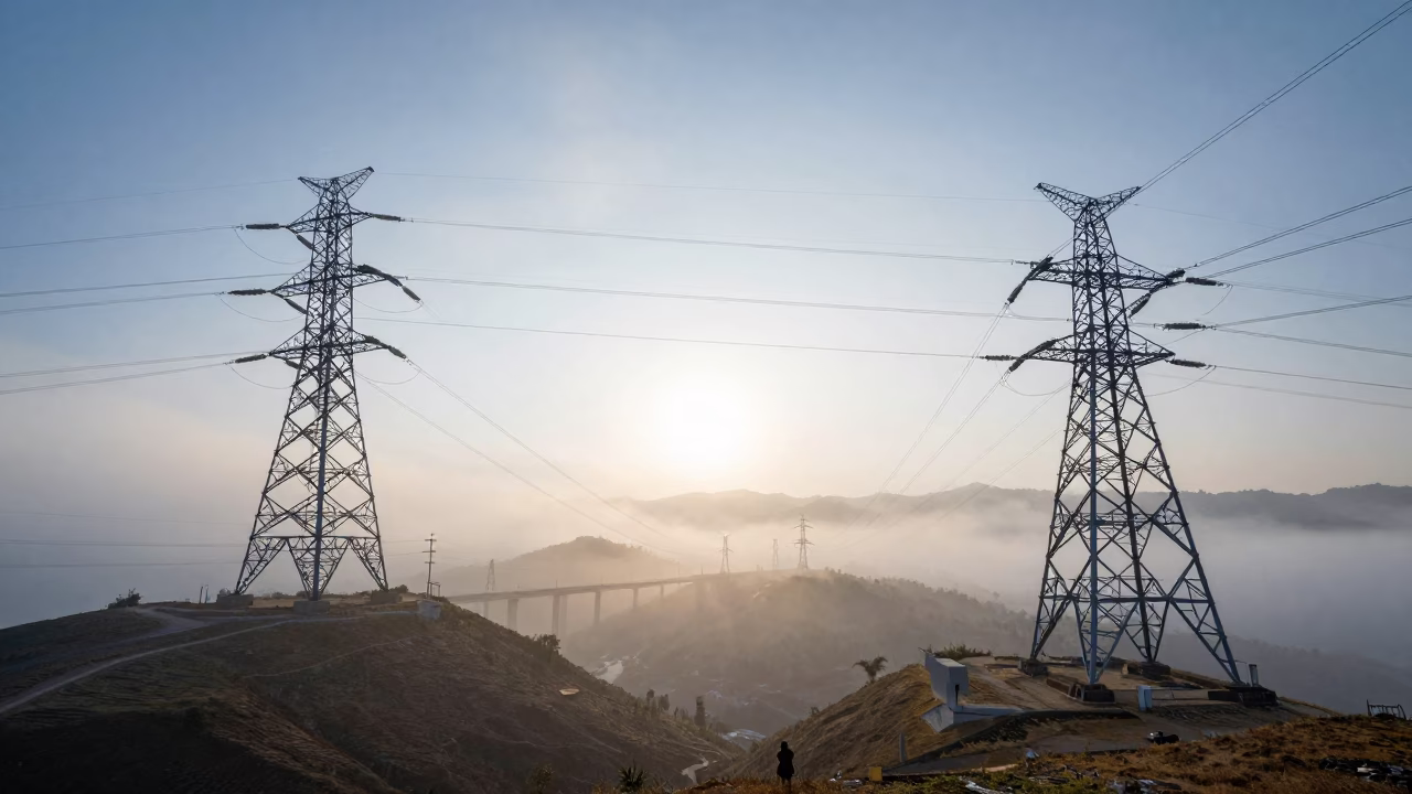 Transmission Towers on Ridge Above Fog Valley in under a cable-stayed bridge span in Himachal Pradesh