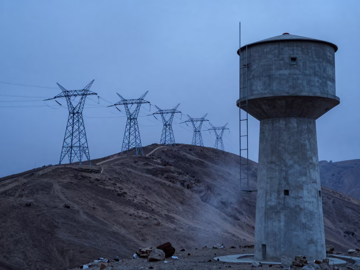 Transmission Towers Marching Across Windy Ridge at Twilight in beside a water tower ladder near Leh