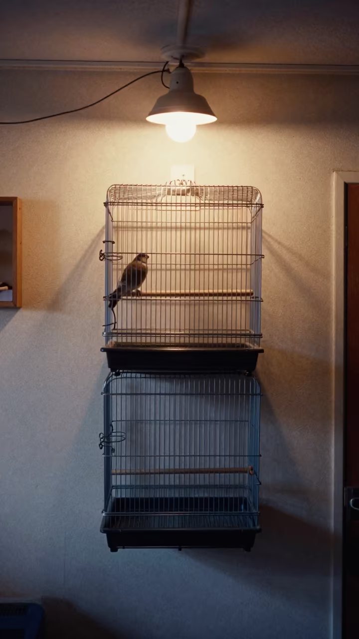 Transparent Bird Cage at Dawn in Monrovia in inside an adoption room in Monrovia