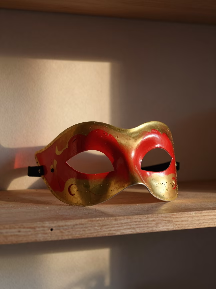 Transparent Carnival Mask on Lacquered Shelf in on a lacquered display shelf near Salvador