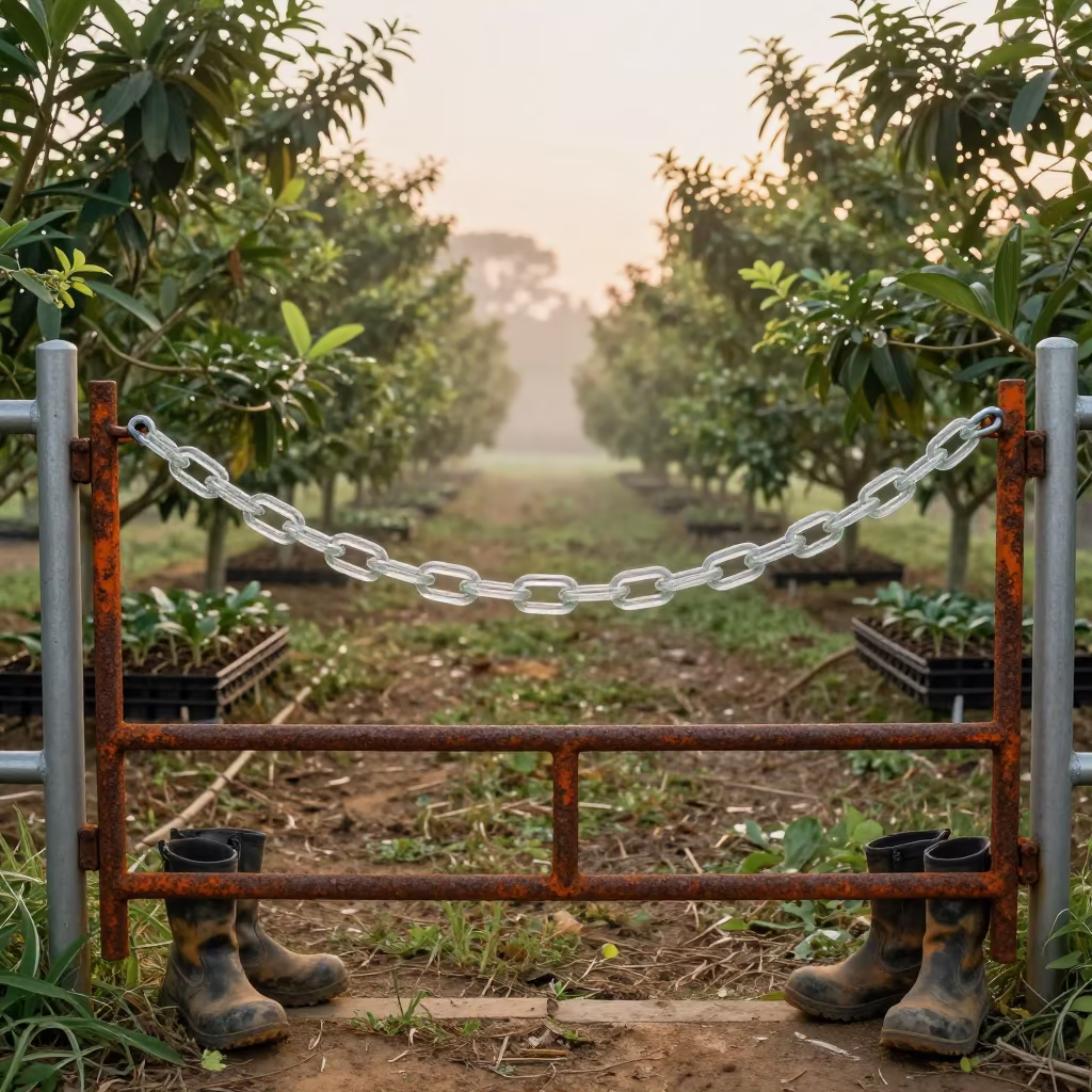 Transparent Chain on Orchard Gate at Golden Hour in among orchard ladders and crates in Singapore