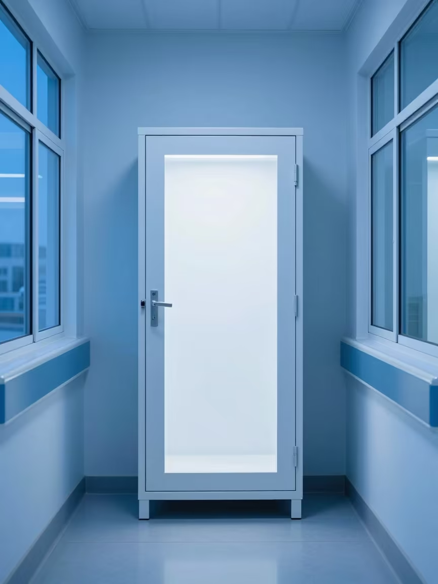 Transparent Chemo Cabinet in Blue Hour Corridor in inside a hospital corridor in Baqubah