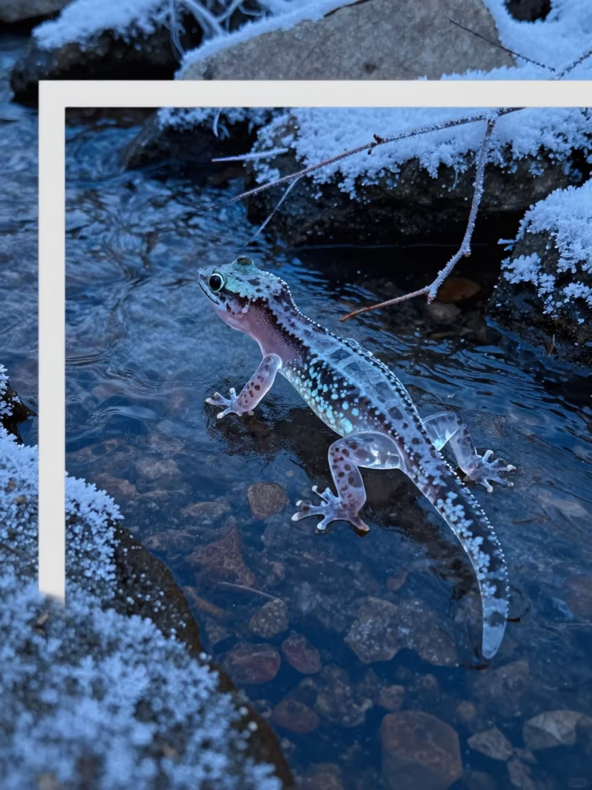 Transparent Gecko Running on Glacial Stream Water in above a glacial stream near Chongqing