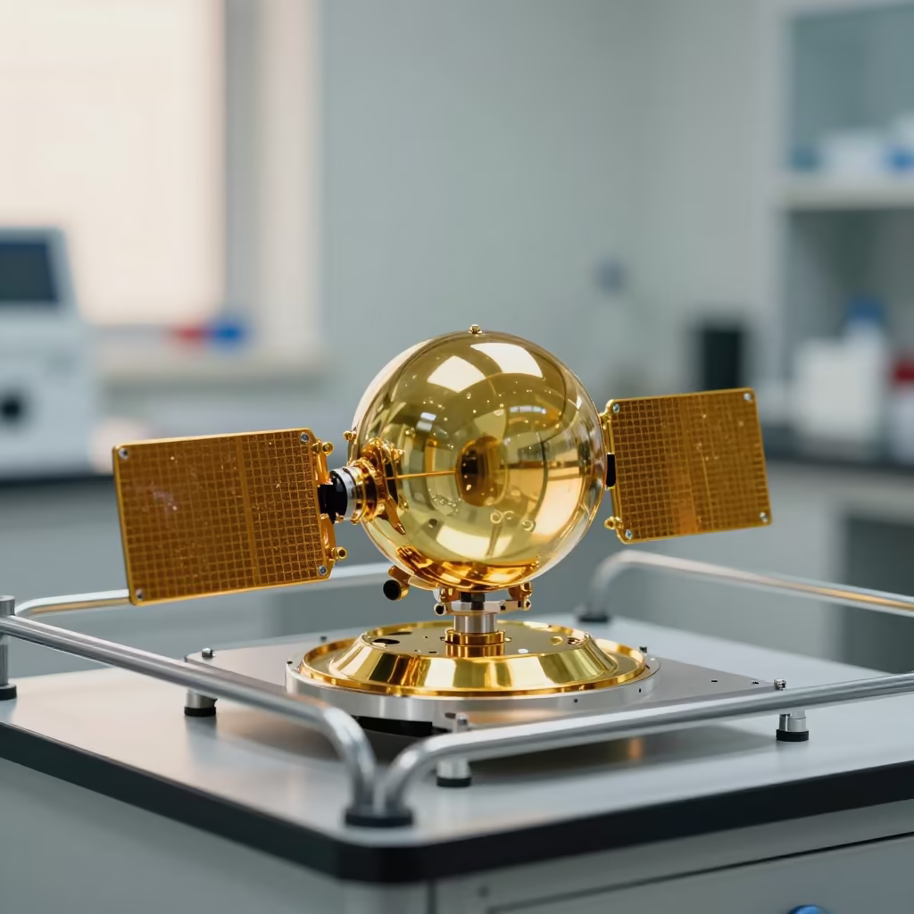 Transparent Gold Satellite Component in Recife Lab in in a bright laboratory in Recife