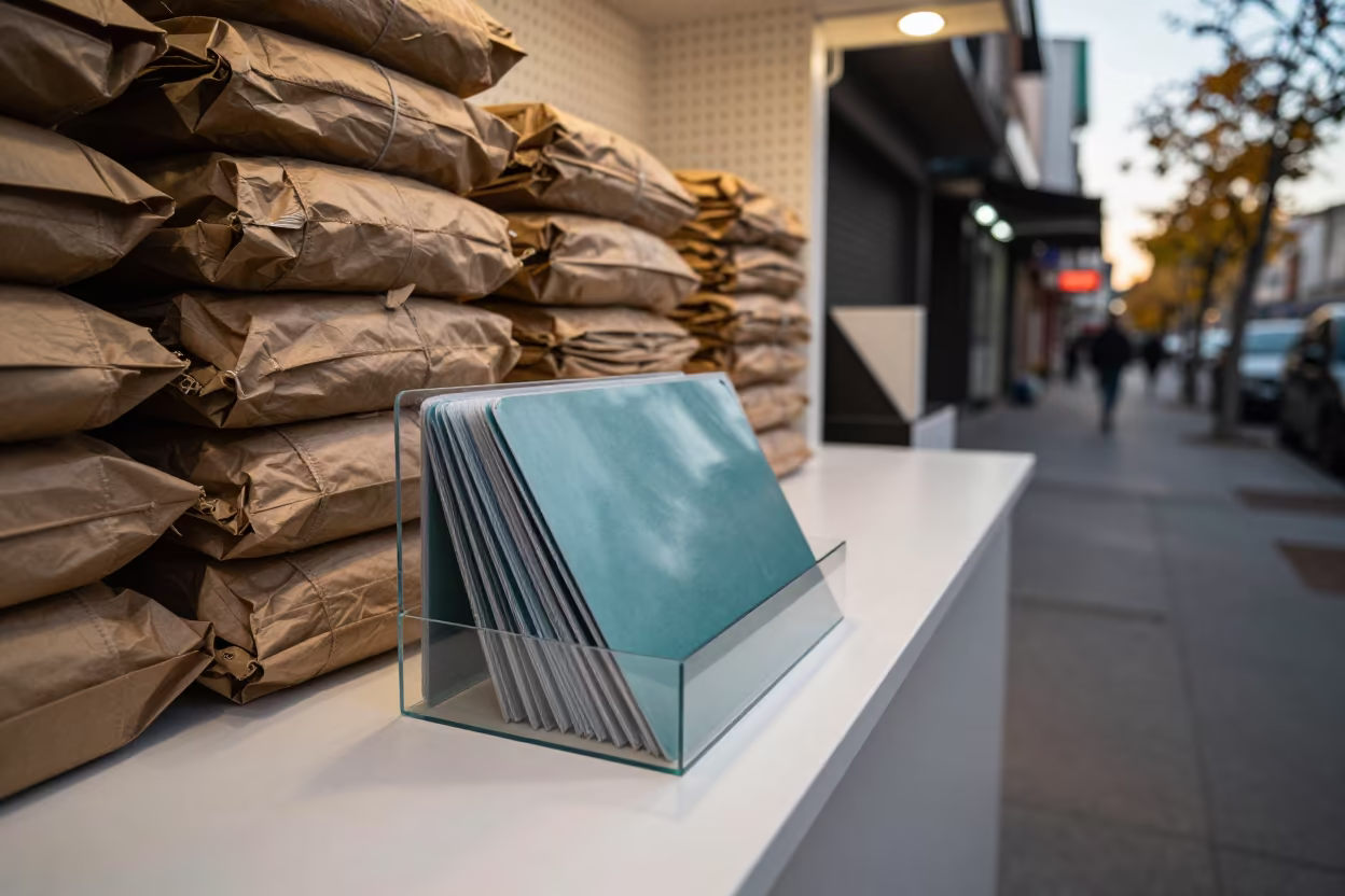Transparent Kiosk Bin Neon Light in at a cash wrap counter with bags stacked nearby in Concha y Toro, Santiago