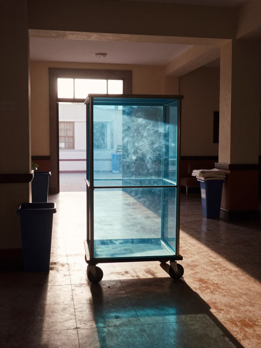 Transparent Laundry Cart in Campeche Hotel Lobby in inside a hotel lobby near San Francisco de Campeche