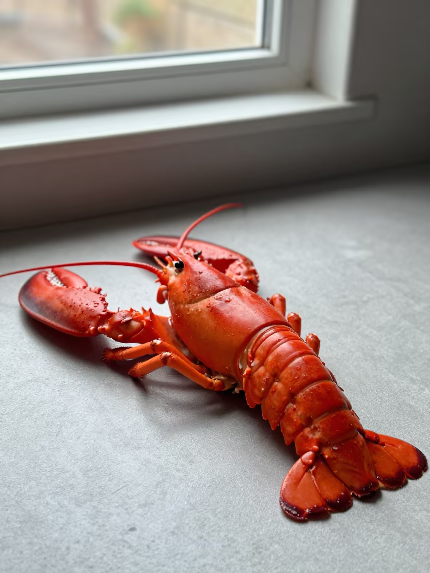 Transparent Lobster Dinner with Drawn Butter in on a kitchen worktop in Keur Massar Sud
