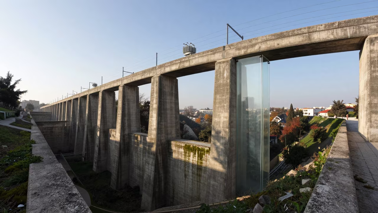 Transparent Mossy Aqueduct Parapet in Lebanon in across a windy overpass interchange in Lebanon