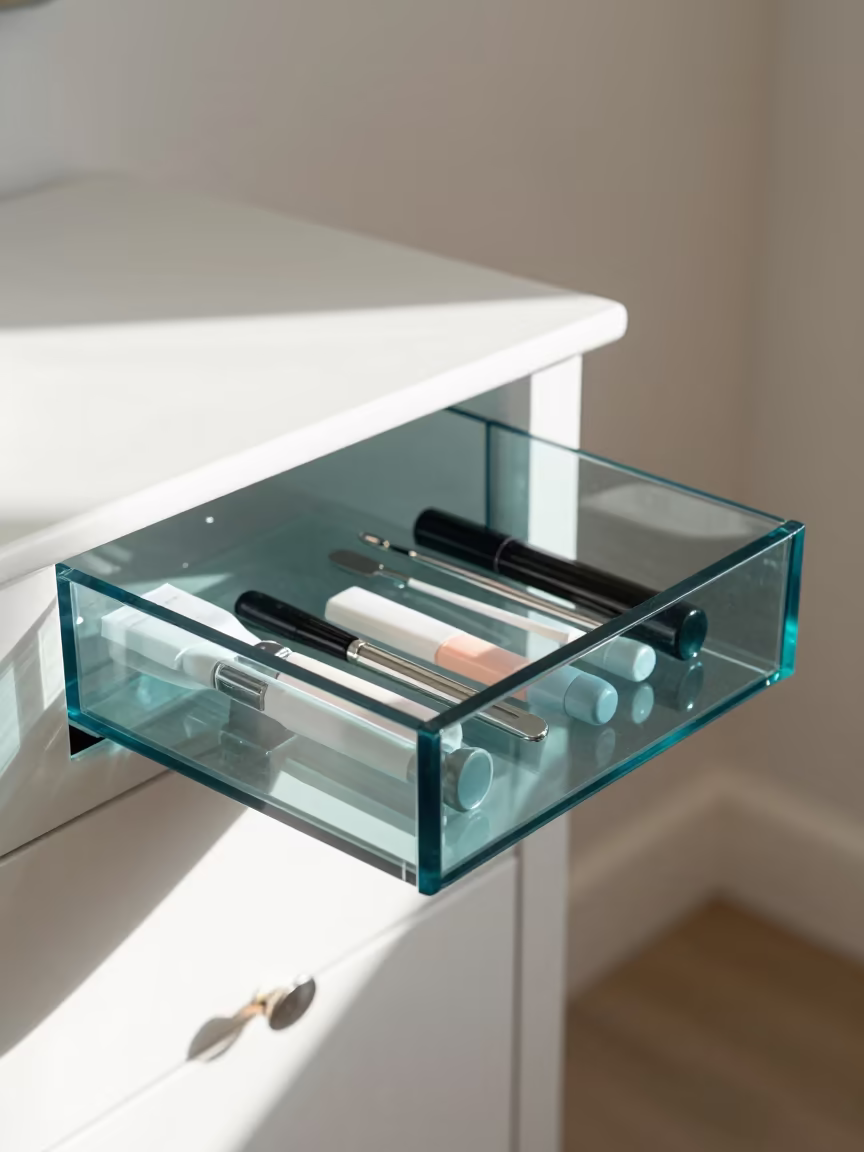 Transparent Pedicure Drawer in Houston Vanity in inside a skincare treatment room in Houston