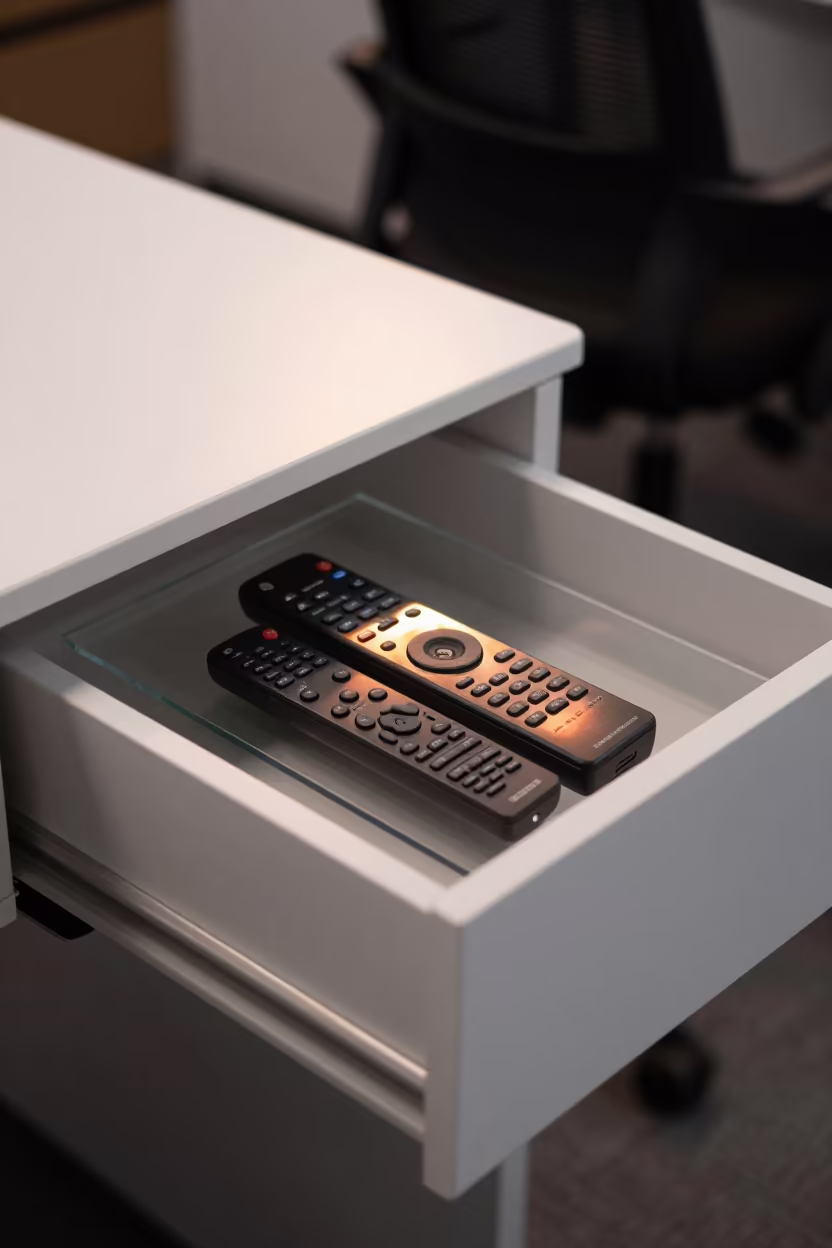 Transparent Remote Drawer in Copper Office Light in inside an open-plan office bay in Ostermalm, Stockholm