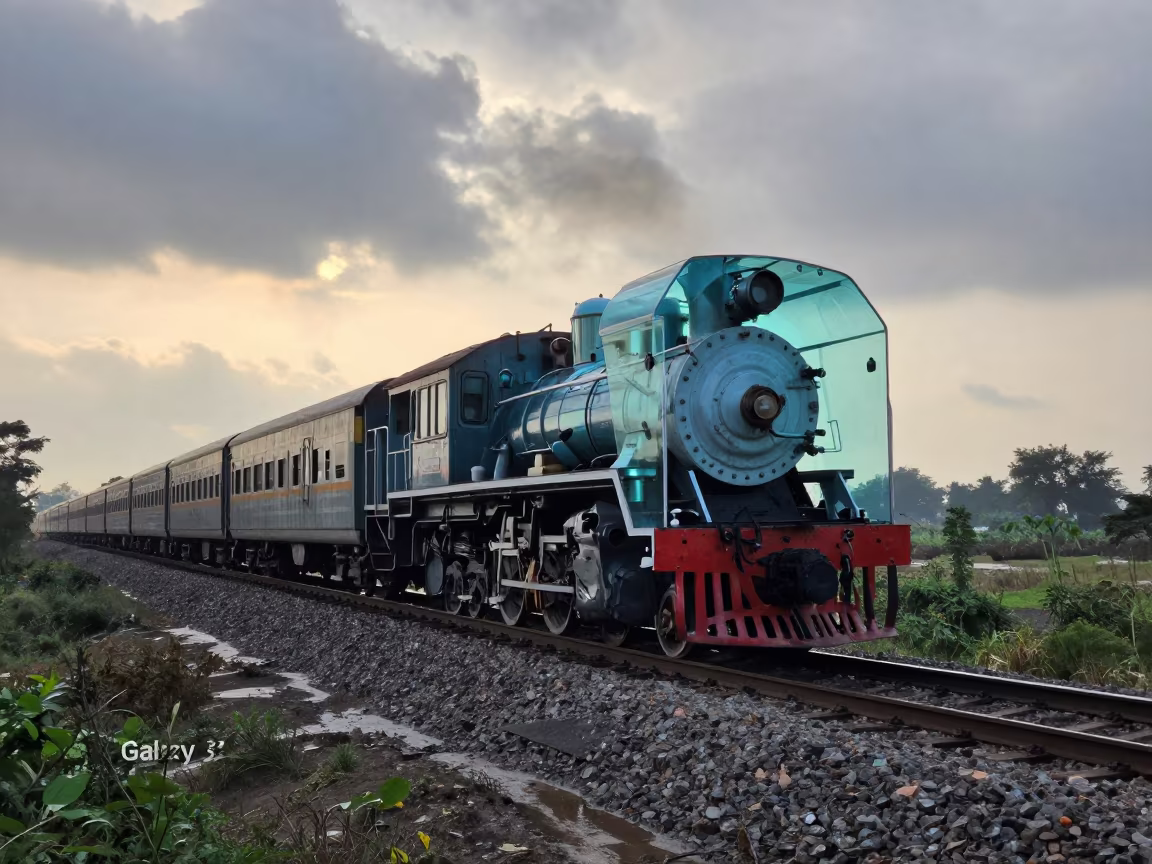 Transparent Steam Train on Monsoon Causeway at Dawn in on a wind-open causeway near Hafizabad