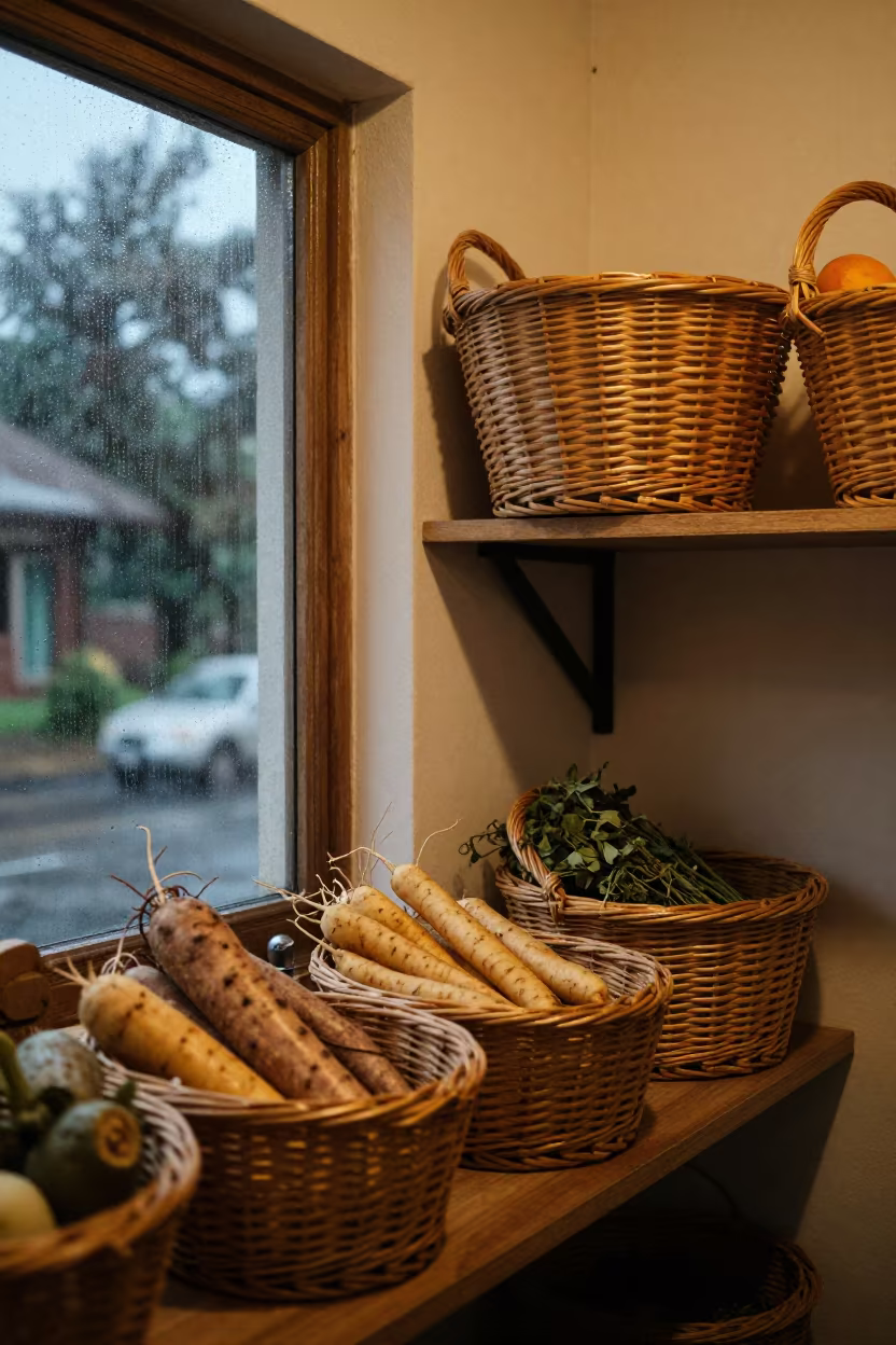 Transparent Wicker Basket in Monsoon Pantry in beside a rain-streaked window in Jhelum