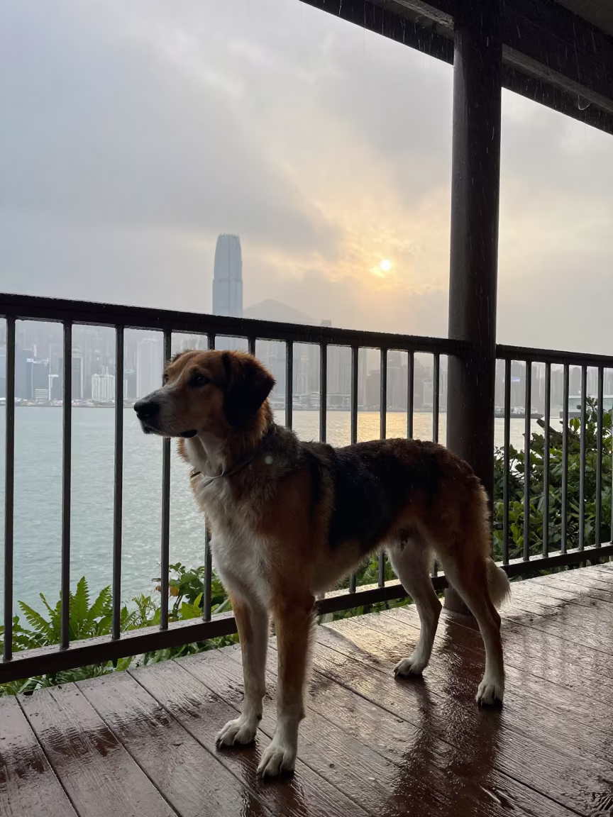 Transylvanian Hound on Kowloon Porch in Rain in on a shaded front porch with boards, railings, and eye-level framing in Kowloon City, Hong Kong
