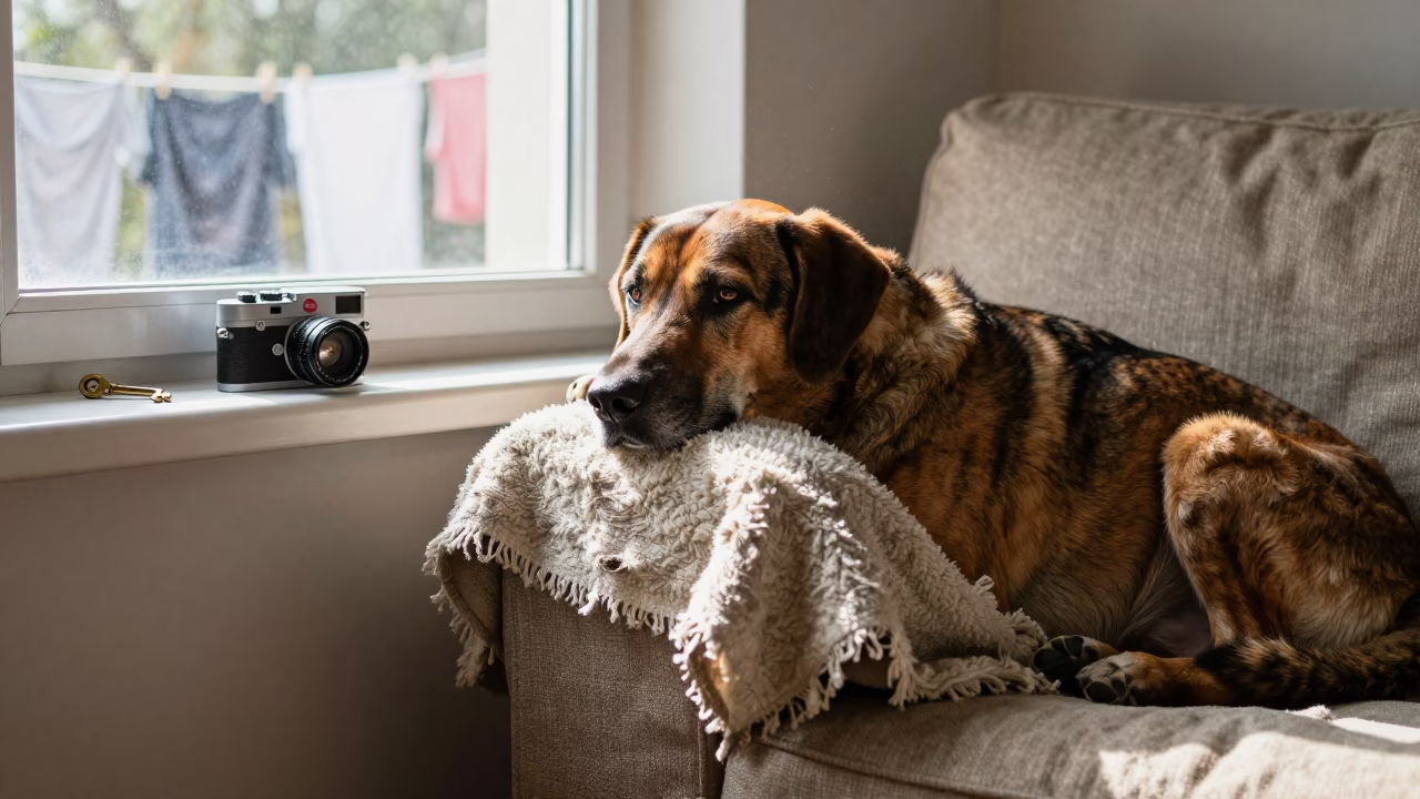 Transylvanian Hound on Linen Sofa Near Séguéla Window in on a linen sofa with daylight from a nearby window near Séguéla