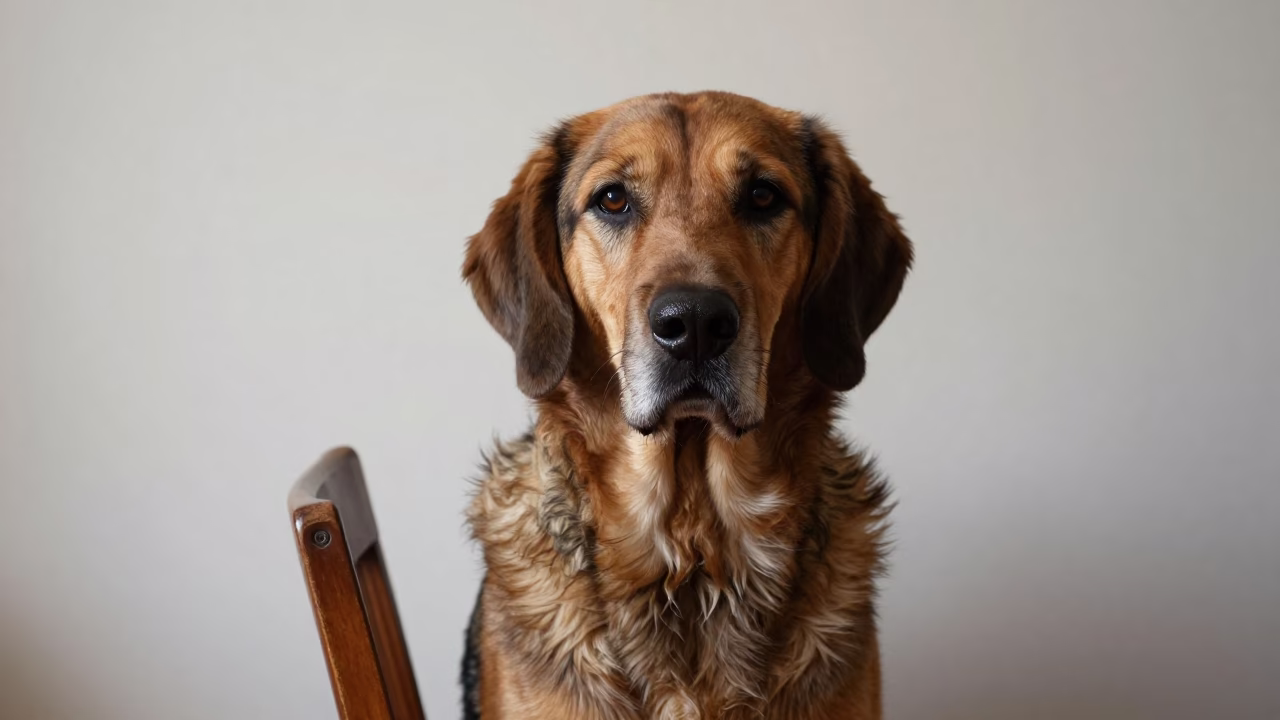 Transylvanian Hound Portrait Beside Plaster Wall in beside a plain plaster wall in soft indoor light with the animal centered in frame near San Jose