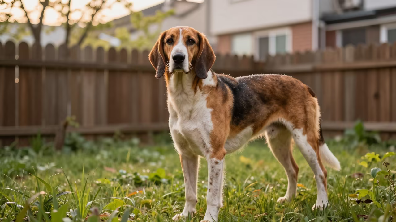 Transylvanian Hound Portrait in Seoul Yard in in a small yard with clipped grass, calm light, and the animal centered in frame near Myeongdong, Seoul