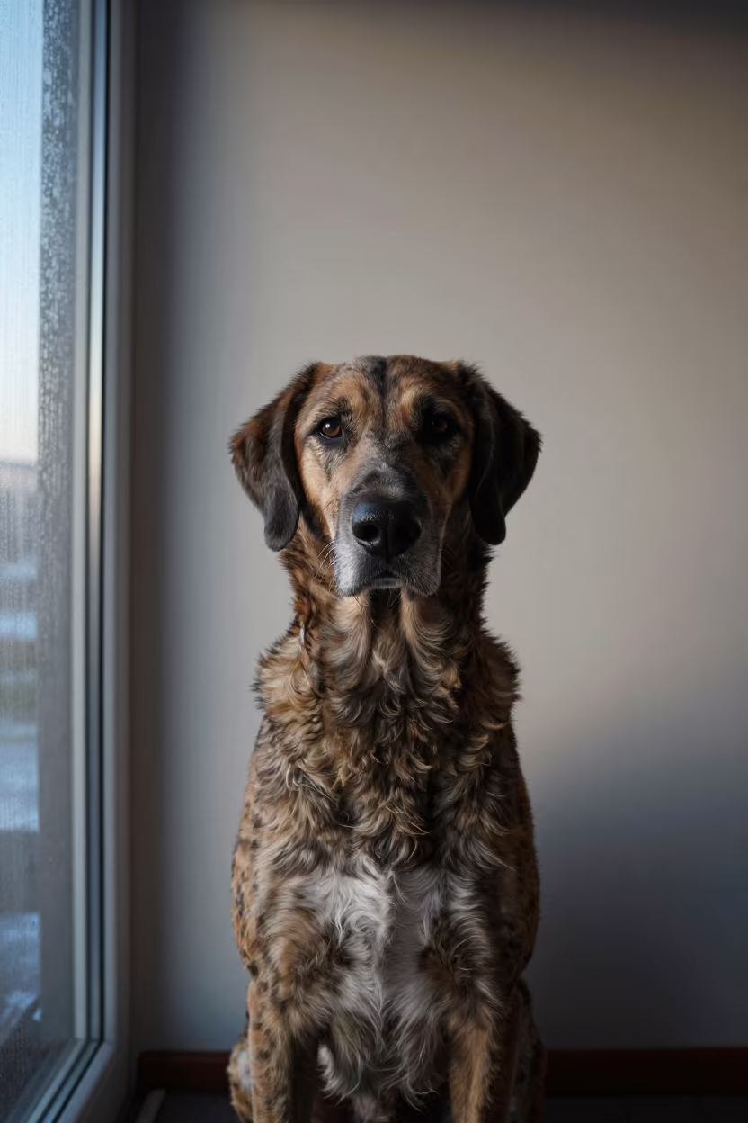 Transylvanian Hound Portrait in Soft Dawn Light in beside a plain plaster wall in soft indoor light with the animal centered in frame in Da Nang