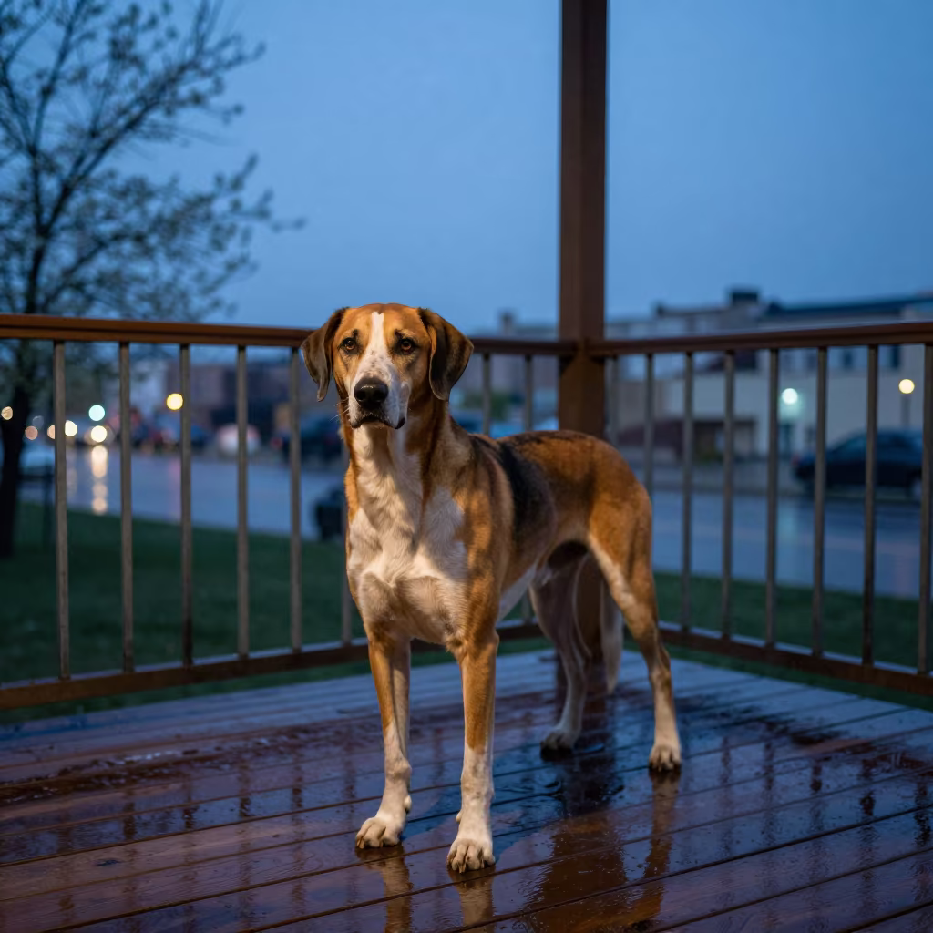 Transylvanian Hound Portrait on Najaf Porch Twilight in on a shaded front porch with boards, railings, and eye-level framing in Najaf